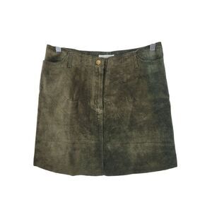 Vtg Olive Forest Green Suede Leather A-line Mini Skirt Womens Sz M Country Boho